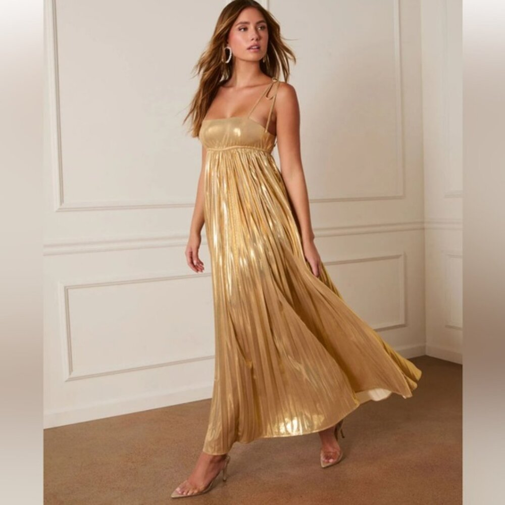 VICI Gold Pleated Metallic Midi Dress with Tie Straps | NWT | Large